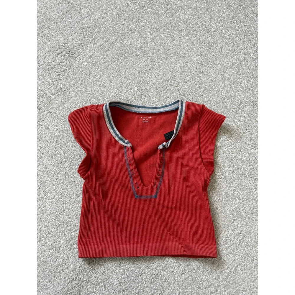 Out From Under Sporty Ribbed Crop Top Size XS/S Red Deep V-Neck